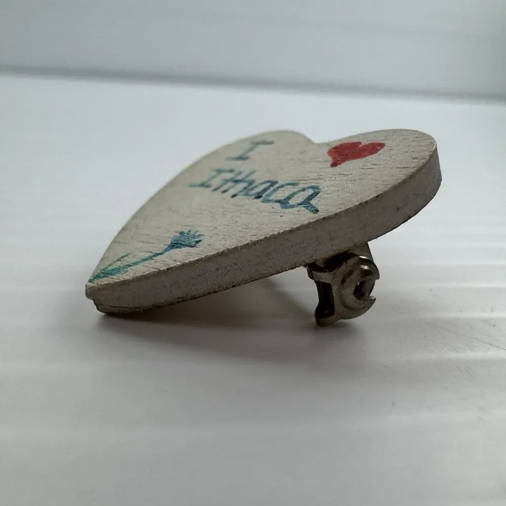 Vintage I Love Ithaca Heart Brooch Wood Cottagecore Indie Boho Retro Pin